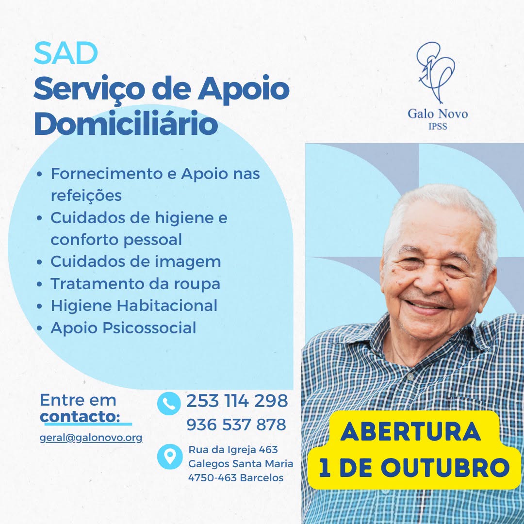 ASSOCIAÇÃO GALO NOVO ABRE SERVIÇO DE APOIO DOMICILIÁRIO A PARTIR DE 1 DE OUTUBRO DE 2026